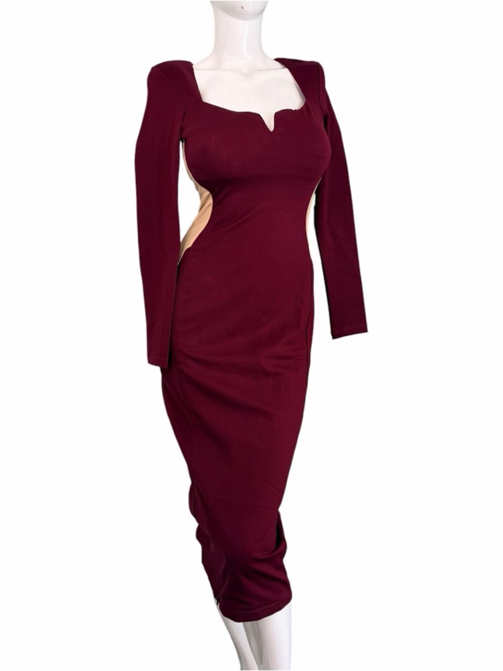 TA3 Notchy Long Sleeve Midi Dress Bodycon Cutout illusions Deep Wine red NWT L - Picture 3 of 16
